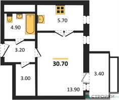 Планировка студии(квартира) площадью 30.7 квадратных метров в “ЖК Римский”
