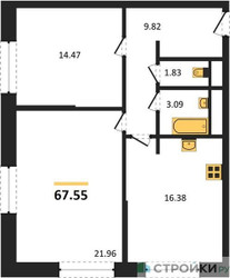 Планировка двухкомнатной(квартира) площадью 67.55 квадратных метров в ЖК “ЖК Городские Истории”