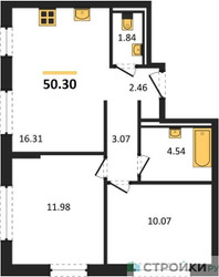 Планировка двухкомнатной(квартира) площадью 50.3 квадратных метров в ЖК “ЖК Квартал Герцена”