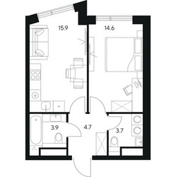 Планировка однокомнатной(квартира) площадью 42.8 квадратных метров в ЖК “ЖК Нексус от Аквилон”