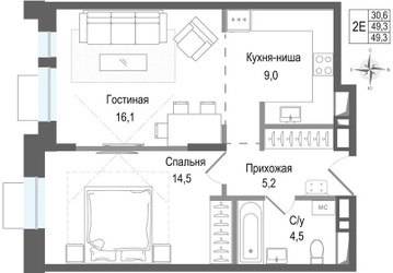 Планировка двухкомнатной(квартира) площадью 49.3 квадратных метров в ЖК “ЖК КИНОКВАРТАЛ”