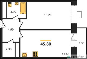 Планировка однокомнатной(квартира) площадью 44.3 квадратных метров в “ЖК Идеал”