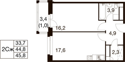 Планировка однокомнатной(квартира) площадью 44.6 квадратных метров в ЖК “ЖК Идеал”