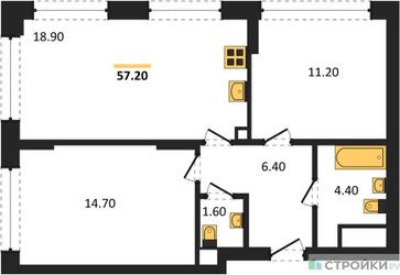 Планировка двухкомнатной(квартира) площадью 57.2 квадратных метров в ЖК “ЖК Wave (Вейв)”