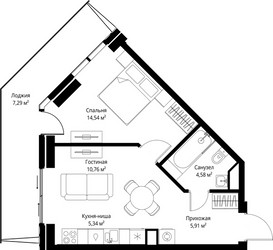 Планировка однокомнатной(квартира) площадью 48.42 квадратных метров в ЖК “ЖК Джойс”
