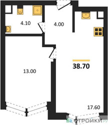 Планировка однокомнатной(квартира) площадью 38.7 квадратных метров в ЖК “ЖК Айс Тауэрс”