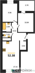 Планировка двухкомнатной(квартира) площадью 52.38 квадратных метров в ЖК “ЖК ВОСТОК II”