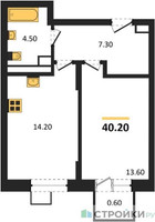 Планировка однокомнатной(квартира) площадью 40.2 квадратных метров в “ЖК ОБЛАКА-2”