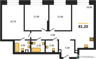 Планировка трехкомнатной(квартира) площадью 81.2 квадратных метров в ЖК “ЖК КОД Сокольники”