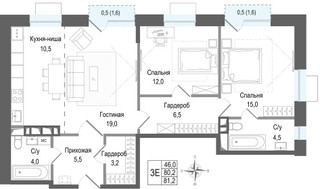 Планировка трехкомнатной(квартира) площадью 80.2 квадратных метров в “ЖК КИНОКВАРТАЛ”