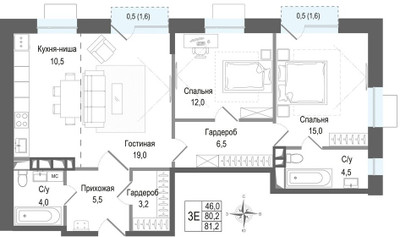 Планировка трехкомнатной(квартира) площадью 80.2 квадратных метров в ЖК “ЖК КИНОКВАРТАЛ”