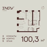 Планировка трехкомнатной(квартира) площадью 100.3 квадратных метров в “ЖК ИНДИ Тауэрз от Аквилон”
