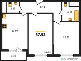 Планировка двухкомнатной(квартира) площадью 57.92 квадратных метров в “ЖК Светлый мир БиоПолис”
