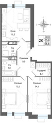 Планировка двухкомнатной(квартира) площадью 65.8 квадратных метров в ЖК “ЖК КИНОКВАРТАЛ”