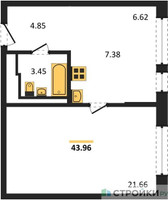 Планировка однокомнатной(квартира) площадью 43.96 квадратных метров в “ЖК Рублевский Квартал”