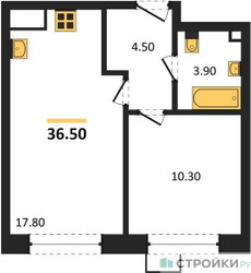 Планировка однокомнатной(квартира) площадью 36.5 квадратных метров в ЖК “ЖК Wave (Вейв)”