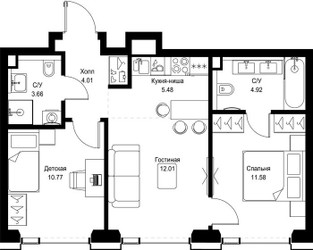 Планировка двухкомнатной(квартира) площадью 52.43 квадратных метров в ЖК “ЖК СЕТ”