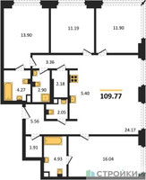 Планировка 4+ комнатной(квартира) площадью 109.77 квадратных метров в “ЖК TATE (Тэйт)”
