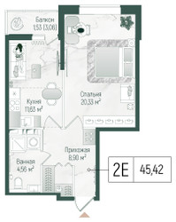 Планировка однокомнатной(квартира) площадью 46.95 квадратных метров в ЖК “ЖК Рига Хиллс”