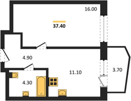 Планировка однокомнатной(квартира) площадью 37.4 квадратных метров в “ЖК "Коллекция"”