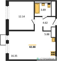 Планировка однокомнатной(квартира) площадью 42.88 квадратных метров в “ЖК Пятницкие луга”