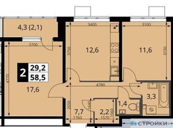 Планировка двухкомнатной(квартира) площадью 58.5 квадратных метров в ЖК “ЖК 1-й Южный (Первый Южный)”