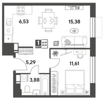 Планировка однокомнатной(квартира) площадью 42.69 квадратных метров в “ЖК Публицист”