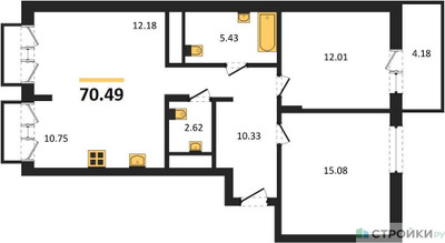 Планировка двухкомнатной(квартира) площадью 70.49 квадратных метров в ЖК “ЖК ВОСТОК II”