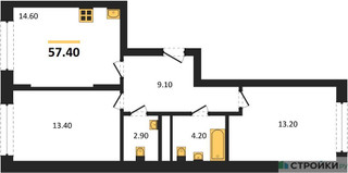 Планировка двухкомнатной(квартира) площадью 57.4 квадратных метров в “ЖК Переделкино Ближнее”