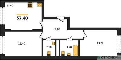 Планировка двухкомнатной(квартира) площадью 57.4 квадратных метров в ЖК “ЖК Переделкино Ближнее”