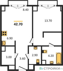 Планировка однокомнатной(квартира) площадью 42.7 квадратных метров в ЖК “ЖК Sydney City (Сидней Сити)”