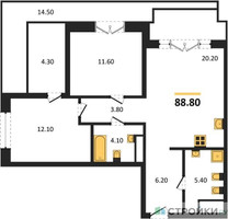 Планировка двухкомнатной(квартира) площадью 88.8 квадратных метров в “ЖК МОНС”