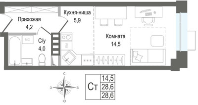 Планировка студии(квартира) площадью 28.6 квадратных метров в ЖК “ЖК КИНОКВАРТАЛ”