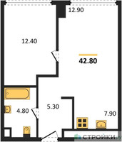 Планировка однокомнатной(квартира) площадью 42.8 квадратных метров в “ЖК Ривер Парк Кутузовский”