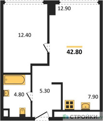 Планировка однокомнатной(квартира) площадью 42.8 квадратных метров в ЖК “ЖК Ривер Парк Кутузовский”