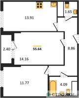 Планировка двухкомнатной(квартира) площадью 55.64 квадратных метров в “ЖК Светлый мир БиоПолис”