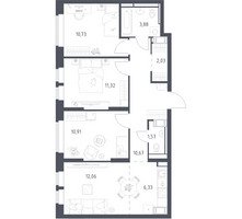 Планировка трехкомнатной(квартира) площадью 69.5 квадратных метров в “ЖК Большое Путилково”