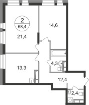 Планировка двухкомнатной(квартира) площадью 68.4 квадратных метров в ЖК “ЖК Первый Московский”