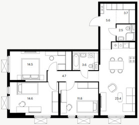 Планировка трехкомнатной(квартира) площадью 84.4 квадратных метров в ЖК “ЖК Яуза Парк (Мытищи)”