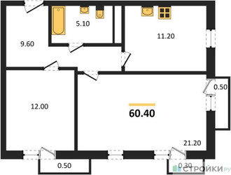 Планировка двухкомнатной(квартира) площадью 60.4 квадратных метров в ЖК “ЖК Южная Долина”