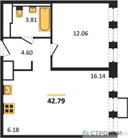 Планировка однокомнатной(квартира) площадью 42.79 квадратных метров в “ЖК Горки Парк”