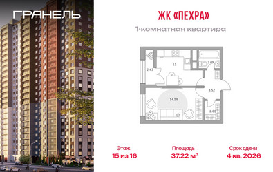 Планировка однокомнатной(квартира) площадью 37.22 квадратных метров в ЖК “ЖК Пехра”