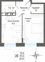 Планировка двухкомнатной(квартира) площадью 41.7 квадратных метров в “ЖК КИНОКВАРТАЛ”