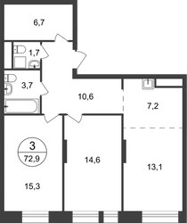 Планировка трехкомнатной(квартира) площадью 72.9 квадратных метров в ЖК “ЖК Первый Московский”