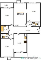 Планировка 4+ комнатной(квартира) площадью 106.1 квадратных метров в “ЖК ЮЖНАЯ БИТЦА”