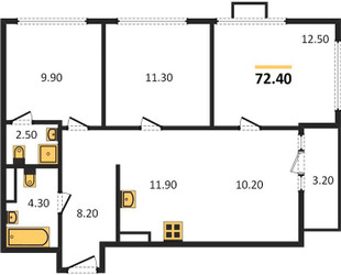 Планировка трехкомнатной(квартира) площадью 72.4 квадратных метров в ЖК “Прокшино”
