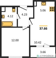 Планировка однокомнатной(квартира) площадью 37.66 квадратных метров в “Жилые кварталы Новое Пушкино”