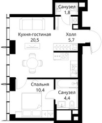 Планировка однокомнатной(квартира) площадью 42.8 квадратных метров в ЖК “ЖК Сити Бэй”