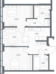 Планировка двухкомнатной(квартира) площадью 61.83 квадратных метров в ЖК “ЖК TATE (Тэйт)”