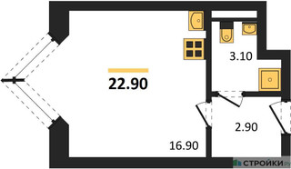 Планировка студии(квартира) площадью 22.9 квадратных метров в “ЖК Wave (Вейв)”